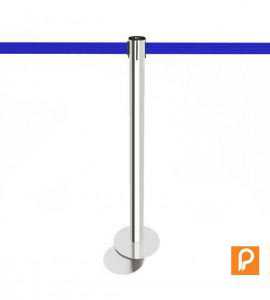 Poteau guide file chromé, socle magnétique, sangle bleue foncée Poteau guide file chromé, socle magnétique, sangle bleue foncée