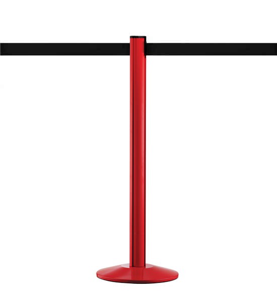 Colonnina segnapercorso Beltrac™ rossa, base rotonda e nastro retrattile nero
