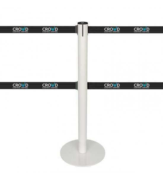 White retractable belt stanchion with custom double belt
