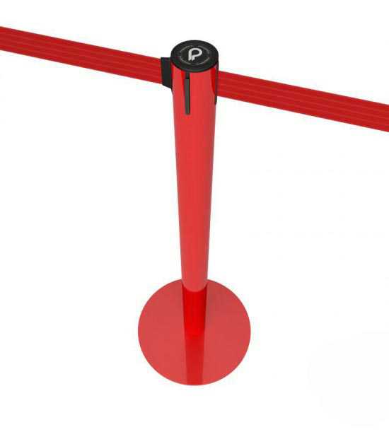 Poteau à sangle rétractable, acier peint rouge. Nombreuses finitions de sangle.