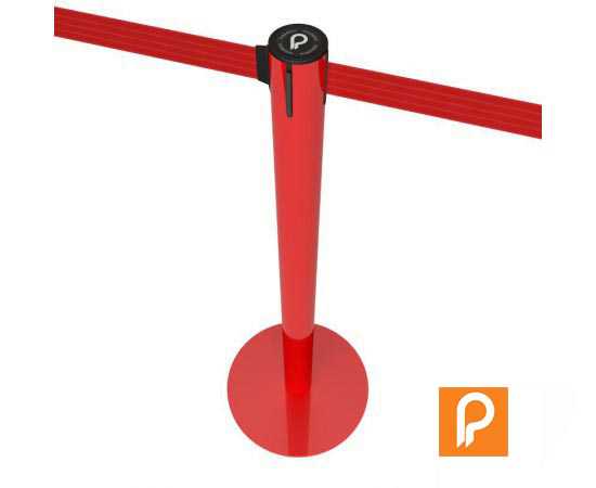 Poteau à sangle rétractable, acier peint rouge. Nombreuses finitions de sangle.