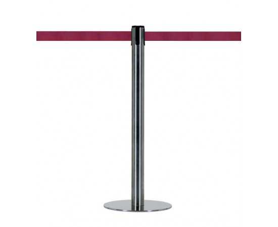 Polished chrome steel retractable belt stanchion with burgundy belt