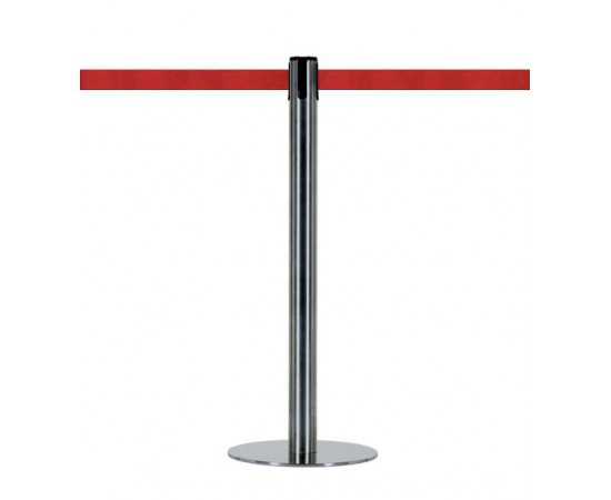 Polished chrome steel retractable belt stanchion with red belt