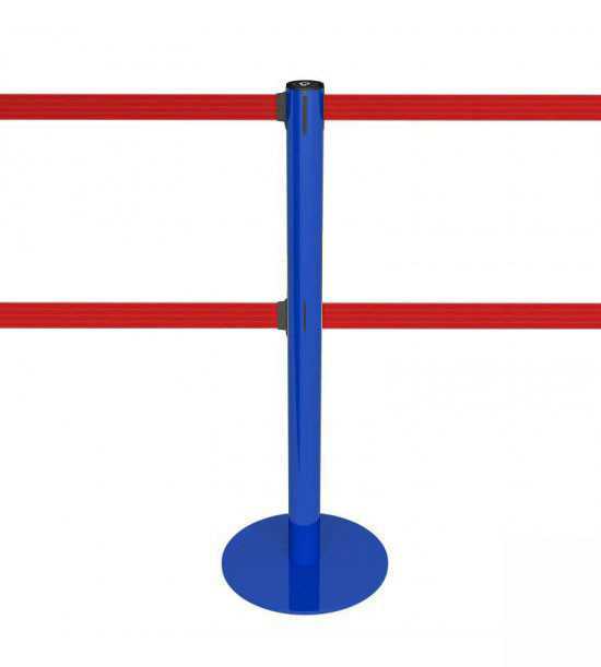 Poteau de guidage bleu à double sangle déroulante rouge. Poteau de guidage bleu à double sangle déroulante rouge.