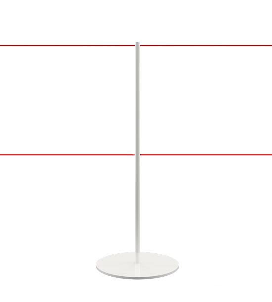 Poste separador LINE branco com dois cordões vermelhos vista frontal sobre base redonda