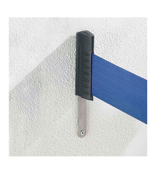 Metal wall clip with blue retractable belt (RS), mounted on wall