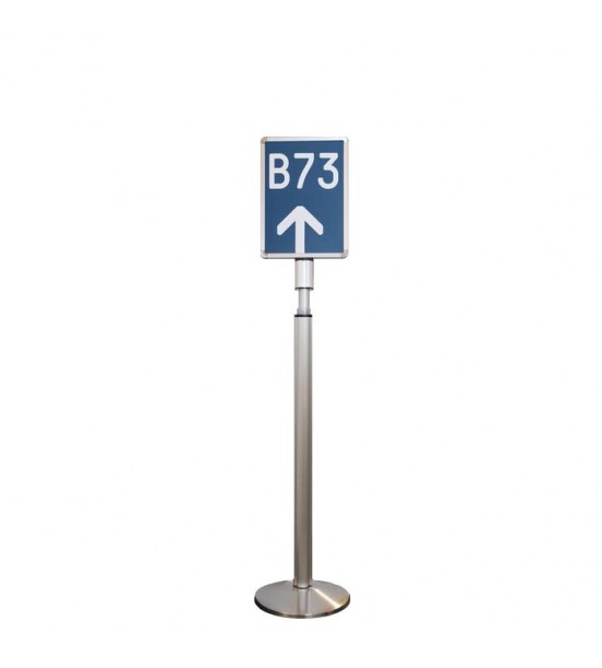 Telescopic poster post round base on white background with directional sign B73