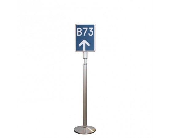 Telescopic poster post round base on white background with directional sign B73