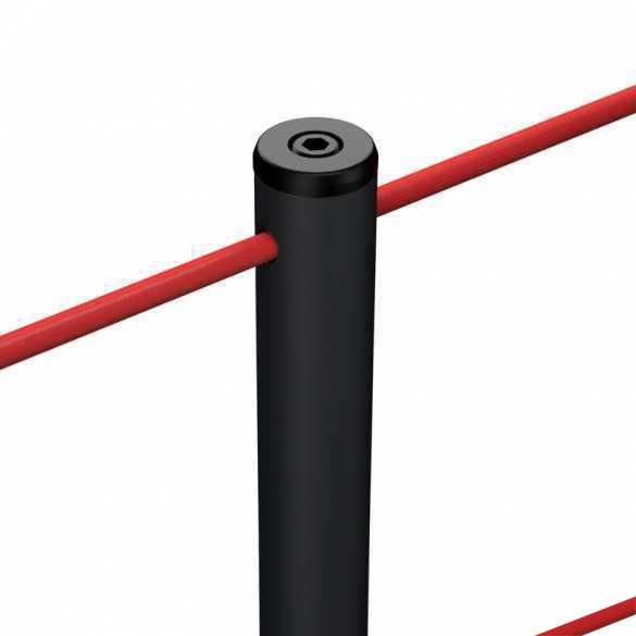 Absperrpfosten LINE FIX DUAL Schwarz zum Befestigen, Detailansicht Kopf und rote Absperrkordeln