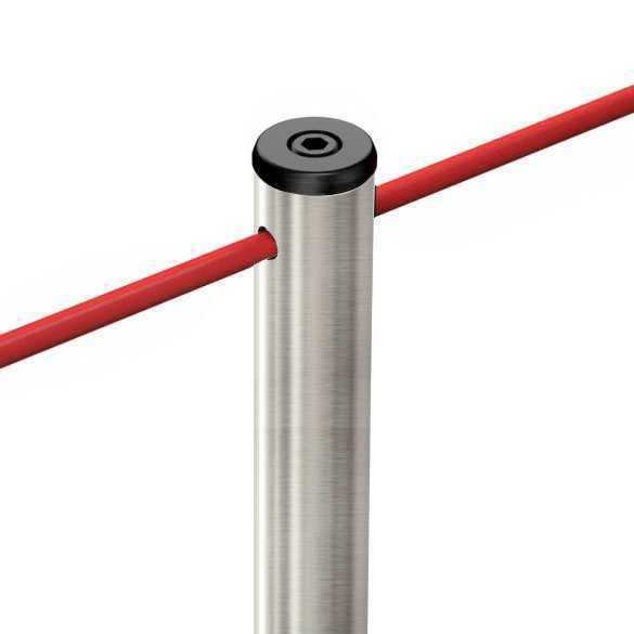 Absperrpfosten LINE MINI, Nahaufnahme Kopf Edelstahl satiniert mit roter Absperrkordel