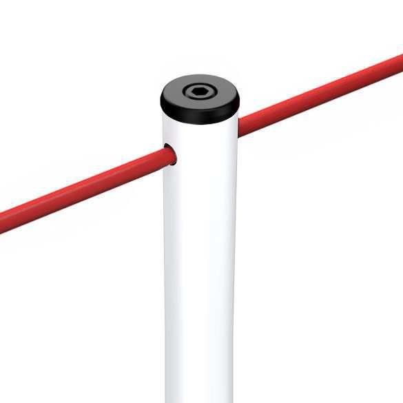 Absperrpfosten LINE MINI FIX, Nahaufnahme schwarze Endkappe und Kordeldurchgang