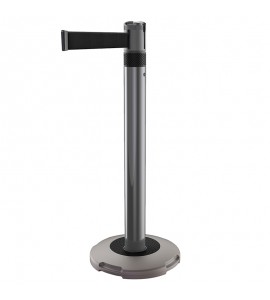 Poteau de guidage métallique gris, avec éléments noirs et avec sangle rétractable noire pour gestion de file d'attente