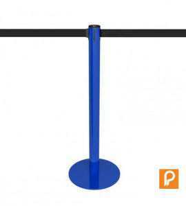 Poteau de balisage bleu, sangle rétractable noire