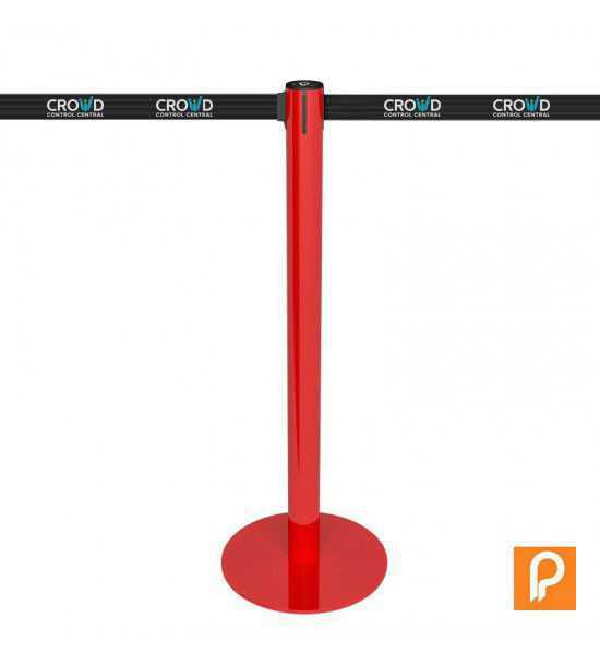 Red guidance stanchion with custom printed retractable belt