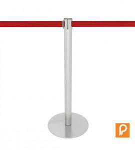 Poteau de balisage inox brossé, sangle rouge