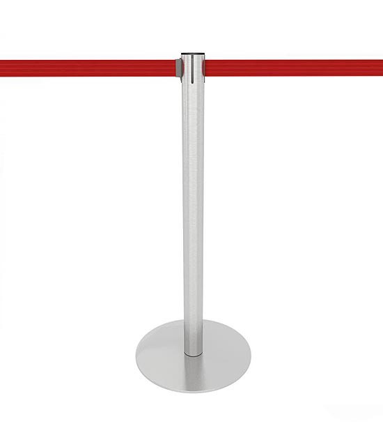 Poteau de balisage inox brossé, sangle rouge