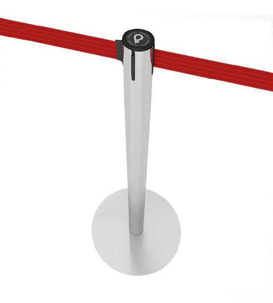 Poteau de balisage finition inox brossé Potelet™, sangle rouge.