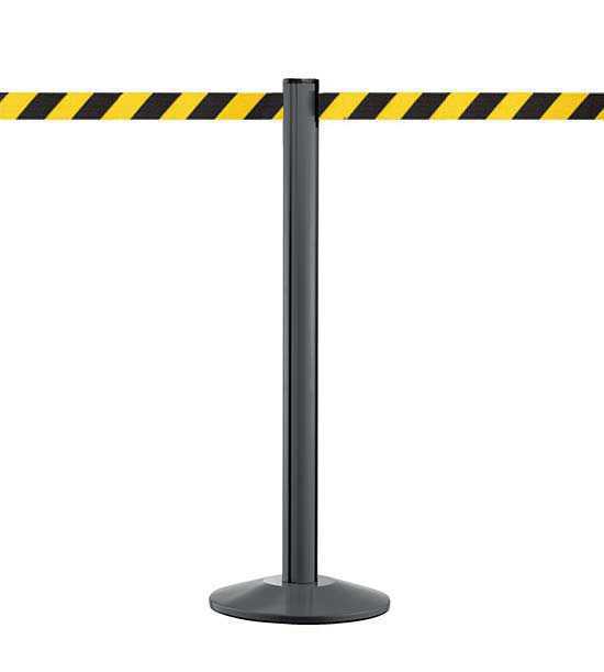 Poteau guide file anthracite Beltrac™ sangle jaune/noir rayée Poteau guide file anthracite Beltrac™ sangle jaune/noir rayée