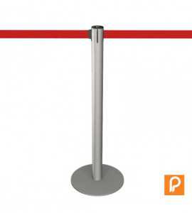 Poteau de guidage à sangle rétractable, gris argenté. Sangle rouge.