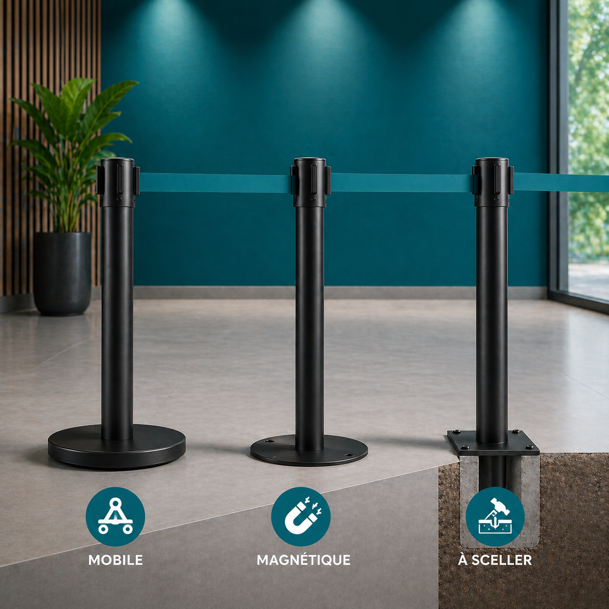 Absperrpfosten mit Gurt – mobil, magnetisch oder fest verankert