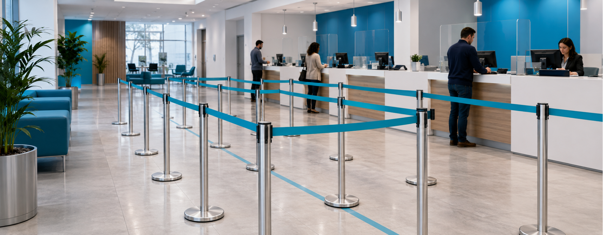 Poteau à sangle pour banque : organiser une file unique